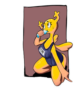 5_fingers aged_up bodily_fluids bottle breasts clothing container dot_eyes drinking eyelashes female fingers horn kneeling not_furry one-piece_swimsuit pose school_swimsuit simple_background simple_eyes solo sweat swimwear text text_on_clothing text_on_swimwear water_bottle wings yellow_body yellow_skin kimsan-stuff cartoon_network the_amazing_world_of_gumball penny_fitzgerald fairy humanoid absurd_res english_text hi_res source_request unavailable_at_source