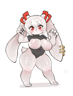 anthro big_breasts black_body black_snout blush breasts claws ear_piercing ear_ring eyebrows eyelashes featureless_breasts featureless_crotch feet female fingers fur hair long_ears looking_at_viewer multicolored_body navel nude piercing red_eyes ring_piercing shortstack simple_background solo standing tail thick_thighs white_body white_fur white_hair wide_hips xeppir lagomorph leporid mammal rabbit 2025 hi_res
