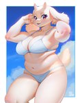 anthro big_breasts bra breasts clothing cloud collarbone eyebrows eyelashes female floppy_ears fur horn kemono looking_at_viewer navel panties slightly_chubby solo thick_thighs underwear white_body white_bra white_clothing white_fur white_panties white_underwear wide_hips aruurara undertale_(series) toriel boss_monster_(undertale) bovid caprine goat mammal 2024 hi_res