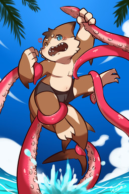 4_fingers angry anthro black_clothing black_underwear brown_body brown_fur brown_hair cheek_tuft claws clothed clothing cloud cross-popping_vein facial_tuft feet fin finger_claws fingers fur hair heterochromia looking_at_viewer male multicolored_body multicolored_fur navel open_mouth palm_leaves restrained restrained_by_tentacles sea shota simple_background sky slightly_chubby solo spread_legs spreading tail teeth tentacles toe_claws toes tuft underwear water young young_anthro young_male leoneal's_workshop leoneal fish marine shark 2021 colored digital_drawing_(artwork) digital_media_(artwork) hi_res shaded signature