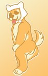 anthro balls blonde_eyebrows butt countershading covering covering_crotch covering_penis eyebrows fur genitals gradient_background head_scarf looking_at_viewer lying male multicolored_body nude on_side paws shy simple_background small_tail smile smiling_at_viewer solo tail tongue tongue_out two_tone_body white_head_scarf yellow_body yellow_fur cachorroamor taiko_no_tatsujin inu_wada canid canine canis domestic_dog mammal shiba_inu spitz 5:8 absurd_res hi_res