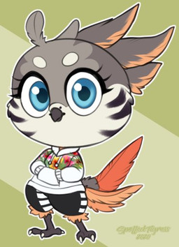 anthro black_markings blue_eyes chibi clothed clothing feathers female front_view glistening glistening_eyes grey_body grey_feathers looking_at_viewer markings solo standing white_body white_feathers tiggybloom avian 2020 full-length_portrait portrait