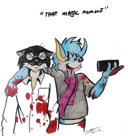 advertisement after_murder anthro arm_on_shoulder awkward black_body black_fur black_nose blood blood_on_hand blood_on_shirt blood_splatter blood_stain blue_body blue_fur blue_hair bodily_fluids camera cellphone cheek_tuft clothing countershade_neck countershading duo ears_down ears_up electronics excited eyewear facial_tuft fur glasses hair holding_camera holding_object holding_phone humor inner_ear_fluff looking_at_cellphone looking_at_object looking_at_phone looking_away making_faces male open_mouth phone pince-nez pivoted_ears scarf selfie shirt side_by_side side_hug simple_background taking_picture taking_selfie text tongue tongue_out topwear tuft whiskers white_background white_clothing white_shirt white_topwear roz_gibson jack_(webcomic) drip_(jack) jack_salem kodak gulonine mammal marten murid murine mustelid musteline rat rodent sable_(marten) 2016 crossover english_text half-length_portrait meme portrait signature traditional_media_(artwork)