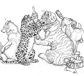 accessory alcohol ambiguous_gender balls beverage bow_(feature) bow_accessory bow_ribbon female feral food furgonomics genitals group male ribbons simple_background spots stripes tail tail_accessory tail_bow tail_ribbon white_background ebonytigress bovid canid canine canis caprine felid goat leopard mammal pantherine tiger wolf monochrome