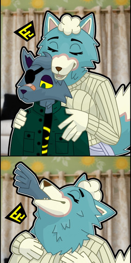 anthro blue_body blue_fur bottomwear clothing curtains denim denim_bottomwear denim_clothing duo female fur grey_body grey_fur hand_in_mouth hand_on_chest hug jeans male pants smile sweater topwear vore wulfkyet animal_crossing nintendo ace_(wulfkyet) skye_(animal_crossing) canid canine canis mammal wolf absurd_res hi_res sequence