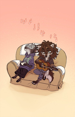 acoustic_guitar anthro barefoot biped black_nose bowl brown_body brown_eyes brown_fur cheek_tuft chibi clothed clothed_anthro clothing container covered_eyes duo facial_tuft fangs feet fluffy fluffy_tail fur furniture grey_body grey_fur guitar hair head_tuft holding_bowl holding_container holding_object hoodie male musical_instrument musical_note musical_symbol on_sofa oversized_clothing oversized_hoodie oversized_topwear playing_guitar playing_music plucked_string_instrument pointy_ears prick_ears side_by_side sitting sitting_near_each_other sitting_on_sofa snout sofa speechless string_instrument symbol tail tan_body tan_fur teeth topwear tuft tusks yellow_sclera falco_works indy_(justroadkill) pen_(falco_works) canid canine canis cervine coyote deer mammal tufted_deer 2026 comic digital_media_(artwork) hi_res one_panel_comic