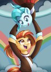 blue_eyes blue_hair brown_eyes brown_hair cheerleader cheerleader_outfit clothing duo female hair holding_hooves pyroxtra friendship_is_magic hasbro my_little_pony lighthoof_(mlp) shimmy_shake_(mlp) equid equine horse mammal pony