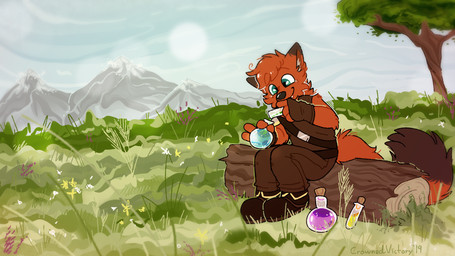 cloud day flower fluffy fluffy_tail fur grass green_eyes log mountain orange_body orange_fur outside plant potion sitting solo tail tree wood crownedvictory canid canine fox mammal 16:9 2019 hi_res widescreen