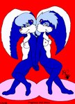 anthro back_to_back blue_body blue_fur blue_hair duo ear_piercing ear_ring female fluffy fluffy_tail fur hair hand_holding nude piercing pink_nose purple_eyes ring_piercing tail toony kthanid_(artist) rutwell_forest aroma_skunk fragrance_skunk mammal mephitid skunk 1998 sibling_(lore) sister_(lore) sisters_(lore) twins_(lore)