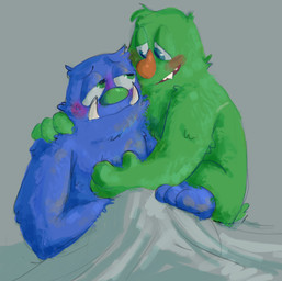 anthro bed_sheet bedding blue_body blue_fur blue_hair blush canon_couple duo eye_contact female fur green_body green_eyes green_fur green_hair green_nose hair half-closed_eyes hand_on_chest hand_on_shoulder looking_at_another love male male/female narrowed_eyes orange_nose sharp_teeth sitting smile teeth tusks shaibey bugsnax young_horses triffany_lottablog wambus_troubleham grumpus 2022 digital_media_(artwork) procreate_(artwork)