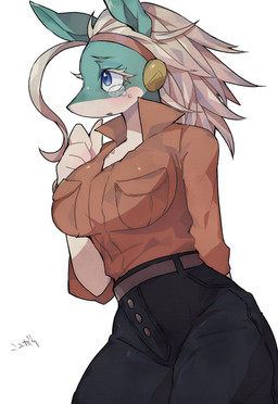 5_fingers anthro arms_bent belt big_breasts biped black_bottomwear black_clothing black_pants blonde_eyebrows blonde_eyelashes blonde_hair blue_eyes blush blush_lines bodily_fluids bottomwear breasts button_(fastener) clothed clothed_anthro clothed_female clothing collared_shirt crying curvy_figure eyebrows eyelashes female female_anthro fingers fully_clothed fully_clothed_anthro fully_clothed_female glistening glistening_eyes green_body green_ears hair hand_behind_back looking_forward open_mouth pants pupils red_clothing red_hairband red_shirt red_topwear shirt snout solo standing tan_body tears text thick_thighs three-quarter_view topwear white_sclera wide_hips kokokokokodari my_hero_academia ippan_josei mammal quirked_human_(my_hero_academia) 2025 cel_shading digital_media_(artwork) handwritten_text hi_res japanese_description japanese_text portrait shaded three-quarter_portrait
