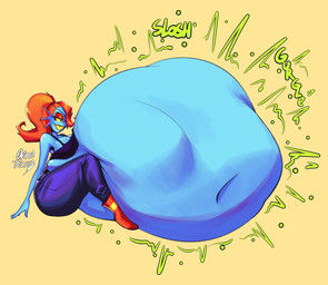 ambiguous_gender ambiguous_prey anthro belly big_belly big_breasts big_butt blue_body bottomwear breasts butt cleavage clothed clothing denim denim_bottomwear denim_clothing eye_patch eyewear female hair huge_belly hyper hyper_belly jeans navel onomatopoeia oral_vore overweight overweight_female pants red_hair rumbling_stomach sharp_teeth shirt sitting sloshing_belly solo sound_effects tank_top teeth text thick_thighs topwear vore yellow_eyes yellow_sclera oveja-tactica undertale_(series) undyne animal_humanoid fish fish_humanoid humanoid marine marine_humanoid monster 2025 digital_drawing_(artwork) digital_media_(artwork) hi_res