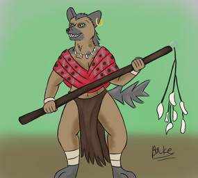 anthro bone bottomwear clothing ear_piercing ear_ring holding_object holding_weapon jewelry loincloth looking_away male necklace piercing poncho ring_piercing showing_teeth simple_background smile solo spots tail weapon wraps yellow_eyes bake_a_snake paizo pathfinder gnoll hyena kholo mammal spotted_hyena colored hi_res