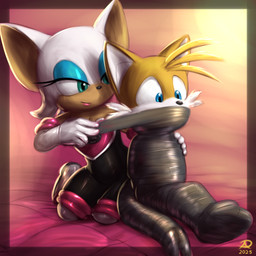 age_difference anthro arms_tied bdsm blue_eyes bound clothing dominant dominant_female duo female fur gag green_eyes hands_tied legs_tied male older_female orange_body orange_fur questionable_consent tail tail_tied tape tape_gag young younger_male radasus sega sonic_the_hedgehog_(series) miles_prower rouge_the_bat bat canid canine fox mammal 1:1 hi_res