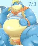 anthro belly big_belly blue_body blush clothing fupa hat headgear headwear kerchief male midriff overweight overweight_anthro overweight_male shirt solo speedo swimwear topwear visor_cap whistle_(object) bake_gosut lifewonders tokyo_afterschool_summoners makara_(tas) crocodile crocodilian reptile scalie 2019 hi_res