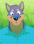 anthro biped black_nose blue_clothing blue_dress_shirt blue_shirt blue_topwear brown_body brown_fur butterfly_on_nose clothed clothing detailed_background dress_shirt fur male multicolored_body multicolored_fur open_mouth open_smile outside purple_body purple_fur sharp_teeth shirt smile solo teeth topwear two_tone_body two_tone_fur daire301 pupserif arthropod butterfly canid canine canis domestic_dog insect lepidopteran mammal 2021 digital_media_(artwork) hi_res