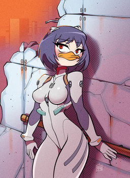 against_surface against_wall alternate_species anthro beak bodysuit breasts broken_wall clothing eyelashes female furrification hair looking_at_viewer medium_breasts non-mammal_breasts red_eyes shadow skinsuit solo tight_clothing wall_(structure) fabio_paulino neon_genesis_evangelion rei_ayanami anatid anseriform avian bird duck hi_res signature