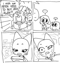 anthro dialogue eyelashes female group male motion_lines screaming speech_bubble surprised text whiskers young anonymous_artist cartoon_network the_amazing_world_of_gumball darwin_watterson gumball_watterson nicole_watterson richard_watterson aquatic domestic_cat felid feline felis fish lagomorph leporid mammal rabbit comic monochrome