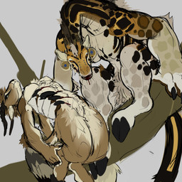 2_horns 5_fingers anthro blood blood_drip blood_in_mouth blue_eyes bodily_fluids branch breasts brown_body brown_fur carrying_another casual_nudity claws dangling dangling_arms dangling_legs dripping duo facial_piercing fangs female female/female fingers fur furgonomic_piercing furgonomics fuzzy genitals hand_held handheld holding_another hooves horn horn_piercing intense intense_stare larger_anthro larger_female larger_pred long_neck looking_at_viewer markings multicolored_body multicolored_fur muscular muscular_anthro muscular_female muscular_thighs muzzle_piercing narrowed_eyes nervous nipple_piercing nipples nose_piercing nude on_branch orange_eyes piercing possessive predator/prey pubes scary scratches scratching simple_background sitting size_difference smaller_anthro smaller_female spots spotted_body spotted_fur spotted_markings tail teeth thick_arms vulva whiskers carvarior antelope bovid cheetah felid feline gazelle giraffe giraffid hybrid mammal pantherine absurd_res hi_res