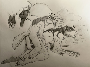 animal_genitalia animal_penis anthro anus backsack balls blush bodily_fluids butt cum cum_inside cum_while_penetrated ejaculation equine_anus equine_genitalia equine_penis facial_hair genital_fluids genitals gynomorph gynomorph/male hair heart_symbol horn intersex intersex/male knot knotted_penis male mane mane_hair musk musk_clouds penetration penis profanity puffy_anus sweat tail tears text makoyino buck_(makoyino) jane_(makoyino) bison bovid bovine canid canine canis equid equine horse hybrid mammal wolf absurd_res english_text hi_res