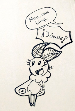 antennae_(anatomy) anthro dialogue eyelashes female open_mouth simple_background simple_eyes smile solo text white_background wings mr_harinezumi arthropod insect lepidopteran moth spanish_text translated