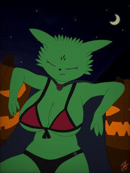 anthro big_breasts breasts clothing eyes_closed fangs female fluffy fur green_body green_fur moon night simple_background solo star teeth underwear nexthargon rain_world videocult saint_(rain_world) mammal slugcat vampire 2023 3:4 absurd_res hi_res