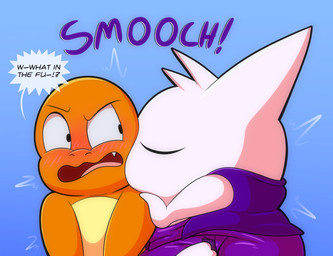 anthro blush caught_off_guard clothed clothed_male clothing dialogue diaper duo embarrassed female front_view kiss_on_cheek kissing male male/female motion_lines profanity purple_diaper shocked side_view simple_background smooch_(sound_effect) surprise_kiss text topwear vest wearing_diaper tepigfan101 nintendo pokemon coal_the_charmander mesa_the_gengar charmander generation_1_pokemon gengar pokemon_(species) absurd_res digital_media_(artwork) english_text hi_res