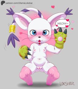 accessory anthro blue_eyes blush blush_lines breasts clitoris clothing female front_view fur furgonomics genitals gloves gold_ring grey_background handwear heart_symbol jewelry legwear loli markings necklace nipples pink_clitoris pink_inner_ear pointy_ears prick_ears raised_hand ring shadow simple_background smile smiling_at_viewer solo speech_bubble standing stockings striped_markings striped_tail stripes tail tail_accessory tail_jewelry tail_markings tail_ring tail_tuft text thank_you tongue tongue_out tuft whiskers white_body white_fur yellow_clothing yellow_gloves yellow_handwear young young_anthro young_female ultama_lokshar bandai_namco digimon patreon digimon_(species) domestic_cat felid feline felis gatomon mammal alternate_version_at_paywall artist_name better_version_at_paywall digital_media_(artwork) hi_res shaded simple_shading url