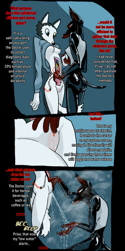 anthro black_body black_skin blue_clothing blue_sweater blue_topwear bodily_fluids bottomless breasts clitoris clothed clothing clothing_lift condensation countershading dialogue duo embedded_penetrable_sex_toy exposed_wires female female/female finger_on_clitoris genital_fluids genitals glistening glistening_body glistening_skin hand_holding heterochromia latex latex_body latex_skin machine medium_breasts nipples onomatopoeia peeing peeing_on_another peeing_on_hand pink_nipples pointy_breasts pointy_ears red_eyes robot_gore rubbing_vulva shirt shirt_lift small_breasts sound_effects splash stare steam sweater tail tail_between_legs tank_top text topwear urine urine_stream vaginal_fluids vulva watersports white_body white_skin wire hieronymusjohnson thinkpad mitz_(hieronymusjohnson) android canid canine canis dobermann domestic_dog husky mammal nordic_sled_dog pinscher robot robot_anthro spitz aliasing binary_drawing comic digital_drawing_(artwork) digital_media_(artwork) english_text hi_res
