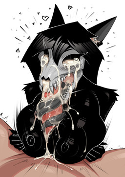 anthro areola black_body bodily_fluids bone breasts cum duo fellatio female female_penetrated fur genital_fluids genitals human_on_anthro humanoid_genitalia humanoid_penis interspecies long_tongue male male/female male_penetrating nipples nude oral penetration penile penis sex simple_background skull skull_head tongue tongue_out tonguejob chrysalisdraws scp_foundation scp-1471-a canid canine human mammal hi_res