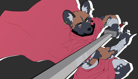 anthro bandage cape clothing female hooped_earrings melee_weapon solo sword weapon jowoc_art sang:_the_desert_blade sang_(sang:_the_desert_blade) african_wild_dog canid canine mammal 7:4 absurd_res hi_res