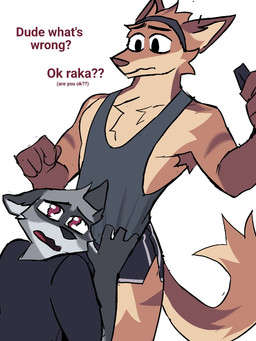 anthro biped black_clothing black_eyes black_shirt black_tank_top black_topwear bodily_fluids brown_body brown_fur clothing crying duo fur grey_body grey_fur looking_down looking_down_at_partner male male/male muscular muscular_anthro muscular_male red_eyes shirt tank_top tears text topwear jaybeyyy canid canine canis coyote mammal wolf 2024 3:4 hi_res tagalog_text