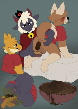 all_fours ambiguous_gender anthro anus balls bell bell_collar blush bowl breath brown_body brown_fur butt cheek_tuft cloak clothing collar container dipstick_tail ellipsis eyebrows eyes_closed facial_tuft fart fart_cloud feces feces_as_food feces_in_bowl feces_pile fur furniture genitals gloves_(marking) green_background green_eyes grey_body grey_fur group hand_on_butt head_tuft holding_bowl holding_container holding_object horizontal_pupils horn leg_markings male male_farting male_pooping markings narrowed_eyes on_table orange_body orange_fur perineum pooping pooping_in_container pupils raised_eyebrows raised_tail red_cloak red_clothing red_shirt red_topwear scatplay shirt simple_background smile socks_(marking) sound_effects spread_butt spreading table tail tail_markings text tongue tongue_out topwear trio tuft voyeur white_body white_fur bipbopstunk cult_of_the_lamb massive_monster_(studio) lamb_(cult_of_the_lamb) red_crown_(cult_of_the_lamb) bovid canid canine canis caprine domestic_dog fox mammal sheep artist_name hi_res