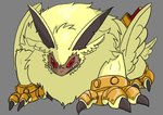 angry anthro armor claws fluffy fur long_ears male melee_weapon red_eyes sharp_teeth solo sword teeth weapon winged_arms wings yellow_body yellow_fur ganparaai bandai_namco digimon digimon_ghost_game digimon_(species) lamortmon monster hi_res