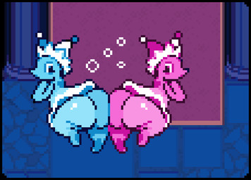 anthro ass_to_ass big_butt blue_body bouncing_butt bubble butt clothing dress duo female female_anthro fool's_hat hat headgear headwear looking_back pink_body presenting presenting_hindquarters take_your_pick pookypalace deltarune toby_fox_(copyright) undertale_(series) mizzle_(deltarune) animated digital_media_(artwork) pixel_(artwork) pixel_animation