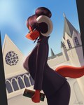 anthro blue_eyes book building clothed clothing eyewear female glasses hair holding_book holding_object horn looking_at_viewer narrowed_eyes red_body sky solo tail conditional_dnp paradoxing mythology minerva_(paradoxing) dragon mythological_creature mythological_scalie scalie 2025 4:5 digital_media_(artwork) digital_painting_(artwork) hi_res painting_(artwork) signature