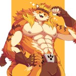 5_fingers abs anthro biceps blonde_hair bottomwear brown_bottomwear brown_clothing brown_fingerless_gloves brown_gloves brown_handwear brown_headwear brown_pants brown_striped_fur brown_stripes brown_tail_tip cheek_tuft claws clothing dipstick_tail facial_tuft fangs finger_claws fingerless_gloves fingers fur fur_tuft gloves hair hand_on_hip hand_on_own_hip handwear headgear headwear looking_at_viewer male markings multicolored_body multicolored_fur muscular muscular_anthro muscular_male nipples open_mouth open_smile orange_body orange_fur pants pecs smile solo striped_body striped_fur striped_markings striped_tail stripes tail tail_markings teeth tongue tuft white_body white_fur white_inner_ear yellow_bottomwear yellow_clothing yellow_pants axelshrine epic_games fortnite meowscles meowtooth domestic_cat felid feline felis mammal pantherine tiger 1:1 2024 hi_res shaded