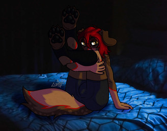 anthro bed bent_legs black_pawpads blush brown_body bulge clothed clothing covering covering_face embarrassed eye_bags eyewear floppy_ears footwear fur furniture glasses glowing glowing_eyes gynomorph hair holding_both_legs intersex legs_up on_bed pawpads paws red_hair round_glasses shy socks solo stirrup_socks tail text underwear wearing_glasses yellow_eyes vampuppy dani_(vampuppy) canid canine canis domestic_dog mammal vampire absurd_res digital_media_(artwork) hi_res signature trans_(lore) trans_woman_(lore)
