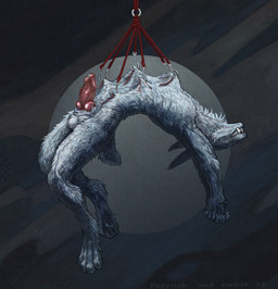 anthro balls bdsm big_feet blood blood_from_penis blue_body blue_fur bodily_fluids bondage bound claws eyes_closed fangs feet fur genitals gore gore_focus happy hook long_ears male net nude penis piercing pose red_penis rope short_tail simple_background solo submissive submissive_male suspended_by_penis tail teeth upside_down cu_sith_(artist) ponynok lagomorph leporid mammal rabbit scalie unknown_species absurd_res artist_collaboration digital_media_(artwork) full-length_portrait hi_res line_art painting_(artwork) portrait