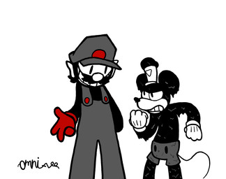 ambiguous_gender angry anthro black_body black_buttons black_clothing black_hair black_shirt black_topwear bottomwear clothing duo eye_contact fist gloves grey_bottomwear grey_clothing grey_hat grey_headwear grey_overalls grey_pants hair hand_on_back handwear hat headgear headwear ink larger_male looking_at_another male melting melting_body multiple_poses overalls pants pointy_ears polygonal_body pose red_clothing red_gloves red_handwear shirt simple_background simple_eyes size_difference smaller_anthro smile standing tail teeth thin_tail toony topwear white_background white_clothing white_face white_gloves white_handwear white_hat white_headwear omni-vee changed:_the_greater_edition changed_(video_game) creepypasta disney mario_bros nintendo plane_crazy steamboat_willie m.smile mario mickey_mouse wenk_(changed:_tge) computer_virus_(species) digital_creature human ink_creature inkblot mammal mouse murid murine rodent hi_res signature