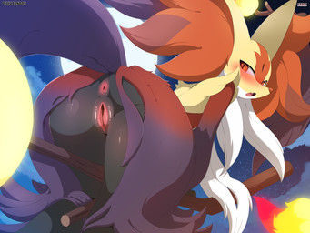 anthro anus big_butt black_body black_fur blush butt fangs female fur genitals looking_at_viewer looking_back looking_back_at_viewer moon nude open_mouth pokemorph presenting presenting_hindquarters red_eyes solo teeth thick_thighs vulva white_body white_fur wide_hips sarox nintendo pokemon pokemon_legends_z-a generation_9_pokemon mega_delphox mega_evolution pokemon_(species) 2025 4:3 absurd_res hi_res
