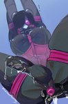 anthro anus balls_outline big_breasts blindfold blue_background bodysuit breasts bulge clothing corset detailed_bulge drone gas_mask genital_outline genitals gynomorph humanoid_genitalia humanoid_penis intersex latex latex_bodysuit latex_clothing latex_skinsuit lingerie lube lube_drip mask nipple_outline penis penis_outline puckered_anus simple_background skinsuit solo tight_clothing topwear milkbearbunny bunny_(milkbearbunny) bear mammal hi_res