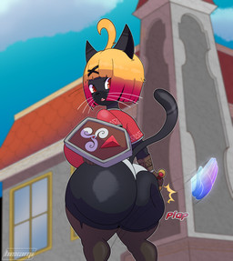 anthro big_breasts big_butt black_body breasts butt butt_slap clothed clothing female holding_object holding_shield huge_butt legwear shield slap solo thigh_highs hexami irene_(hexami) domestic_cat felid feline felis mammal absurd_res hi_res