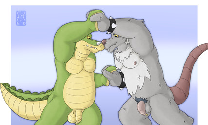 anthro balls biped casual_nudity duo flaccid foreskin fur genital_piercing genitals green_body grey_body grey_fur humanoid_genitalia humanoid_hands humanoid_penis long_foreskin looking_at_genitalia looking_at_penis looking_down looking_down_at_genitalia looking_down_at_penis male male/male nipples nude penis penis_piercing piercing prince_albert_piercing pubes simple_background slightly_chubby standing unretracted_foreskin garo_(artist) brok_the_investigator cowcat_games brok_(brok_the_investigator) squealers_chief alligator alligatorid crocodilian mammal murid murine rat reptile rodent scalie 2025 5:3 absurd_res hi_res