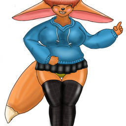 anthro anthro_pov big_ears black_bottomwear black_clothing black_legwear black_skirt black_stockings blue_clothing blue_hoodie blue_topwear bottomwear clothing covered_breasts eyes_closed female first_person_view fur furry_tail hair hoodie legwear miniskirt panties red_hair skirt smile solo stockings tail teeth_showing topwear underwear wide_hips slezion_(artist) canid canine fox mammal 1:1