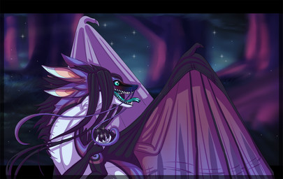 ambiguous_gender blue_eyes blue_tongue hair membrane_(anatomy) membranous_wings open_mouth purple_hair solo sparkles teeth tongue unsigned wings shezarae mythology dragon mythological_creature mythological_scalie scalie 2018 digital_media_(artwork)