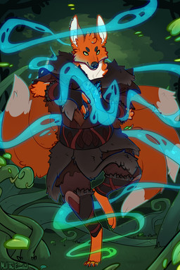 anthro black_body black_fur clothed clothing countershade_neck countershading dipstick_tail front_view fully_clothed fur green_eyes magic magic_user male male_anthro markings multi_tail on_one_leg orange_body orange_fur pawpads slightly_chubby slightly_chubby_anthro slightly_chubby_male solo standing tail tail_markings white_body white_fur meldritchhorror sunoth canid canine fox mammal 2019 2:3 absurd_res hi_res