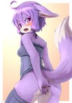 ahoge anthro bare_shoulders biped black_pawpads blush bodily_fluids bottomless breasts butt clothed clothing cute_fangs dipstick_tail embarrassed fangs female fur hair inner_ear_fluff kemono legwear looking_back markings multicolored_body multicolored_fur multicolored_tail open_mouth pawpads purple_body purple_eyes purple_fur purple_hair raised_tail side_view simple_background small_breasts solo tail tail_markings tears teeth thigh_highs tuft two_tone_body two_tone_fur white_body white_fur shiitakemeshi vocaloid yuzuki_yukari canid canine canis domestic_dog mammal hi_res