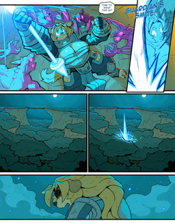 2_horns 5_fingers 5_toes ambiguous_gender anthro armor big_breasts blonde_hair blue_eyes breasts claws cleavage_cutout clothed clothed_anthro clothed_female clothing cutout dialogue energy_weapon eyebrows feet female finger_claws fingerless_gloves fingers footwear gloves glowing glowing_eyes glowing_mouth glowing_weapon group hair handwear holding_melee_weapon holding_object holding_polearm holding_spear holding_weapon horn melee_weapon moon night open_mouth polearm purple_body shadowed_eyes sharp_teeth spear speech_bubble tail teeth text toe_claws toeless_footwear toes tongue tongue_out weapon ceehaz dog_knight_rpg jeane_(ceehaz) bird_dog canid canine canis domestic_dog golden_retriever hunting_dog mammal monster retriever 2026 absurd_res comic english_text hi_res