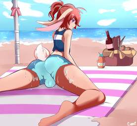 alcohol anthro baguette basket beach beverage biped blush bottomwear bread bulge butt clothed clothing container crop_top detailed_background digitigrade femboy food fur hair kneeling leaning leaning_forward looking_at_viewer looking_back looking_back_at_viewer lotion male midriff on_towel outside ponytail purple_eyes rear_view red_hair sand sandwich_(food) sea seaside shirt shorts sky smile solo sunscreen swimming_trunks swimwear tan_body tan_fur tank_top topwear towel water wet wine chatai alex_(chatai) lagomorph leporid mammal rabbit 2015 hi_res